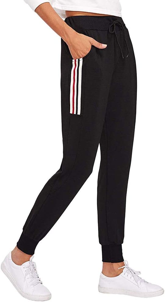Sports Yoga Trousers Women Casual Striped Sweat Pants with Pockets and Elastic Waist