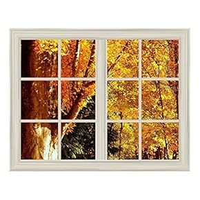 Yellow Tree Leaves in Autumn Window View Mural Wall Sticker - 24"x32"