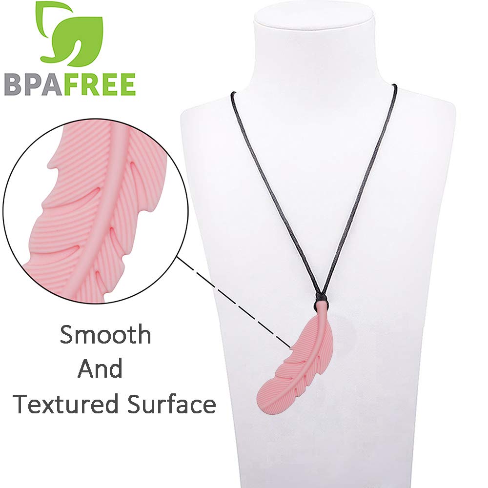 Sensory Chew Necklace for Kids, Boys and Girls, 5 Pack Silicone Feather Chewy Necklaces for Autism, ADHD, Chewing, Oral Motor Chewable Pendant for Mild Chewers