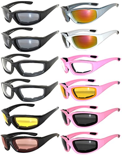 Wholesale of 12 Pairs Motorcycle Padded Foam Glasses Smoke Yellow Amber Mirror Clear Lens Owl