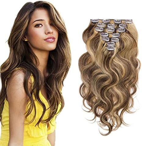 SG Hair 14" Remy Human Hair Clip in Extensions for Women #4/27 Body Wavy 7Pieces 70grams/2.45oz
