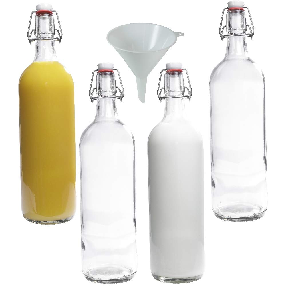 Viva Haushaltswaren 4 Glass Bottles 1 l with Swing Tops for Self-Filling incl. A White Filling Funnel Diameter 12 CM