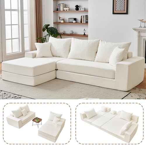 Photo 1 of *** USED/ UNTESTED/ DAMAGE MINOR***** CozyMine 108'' Modular Sectional Couch, Modern 3-Seater Boneless Cloud Sleeper Sofa, L-Shaped Convertible Sectional with Non-Slip Bottom, No Assembly Required, Deep Seats Couch for Living Room, Beige