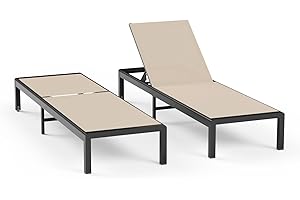 WOAJNQO Aluminum Lounge Chairs Outdoor Chaise Furniture,2 Sets Patio Metal Deck Lounger Adjustable 5-Position Poolside Chase Recliner with Wheels for Beach,Coffee Table, (Khaki, 2 Chairs)