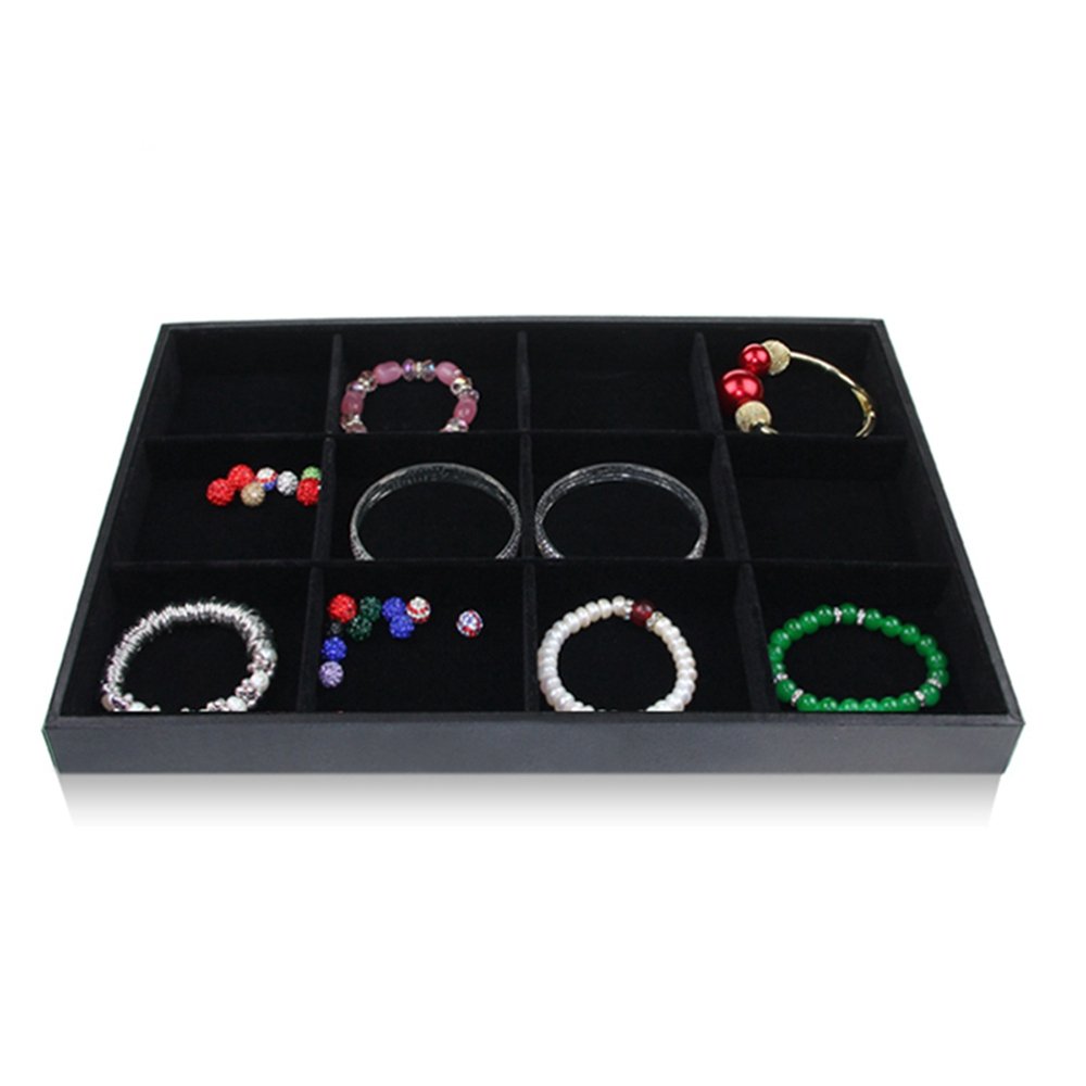 Bocar Black Velvet 12 Compartment Jewelry Display Showcase Organizer Holder for Necklace Bracelet Ring Earring (BP=12G)