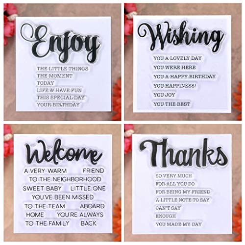 KWELLAM 4pcs/Lot Words Enjoy Wishing Welcome Thanks Stamp Rubber Clear Stamps for Photo Album Decorative Card Making and DIY Scrapbooking