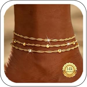 Zelthra 2 Pcs Gold Anklets for Women Non Tarnish, 14k Gold Plated Waterproof Twisted Ankle Bracelets Set, Layered Hypoallerge