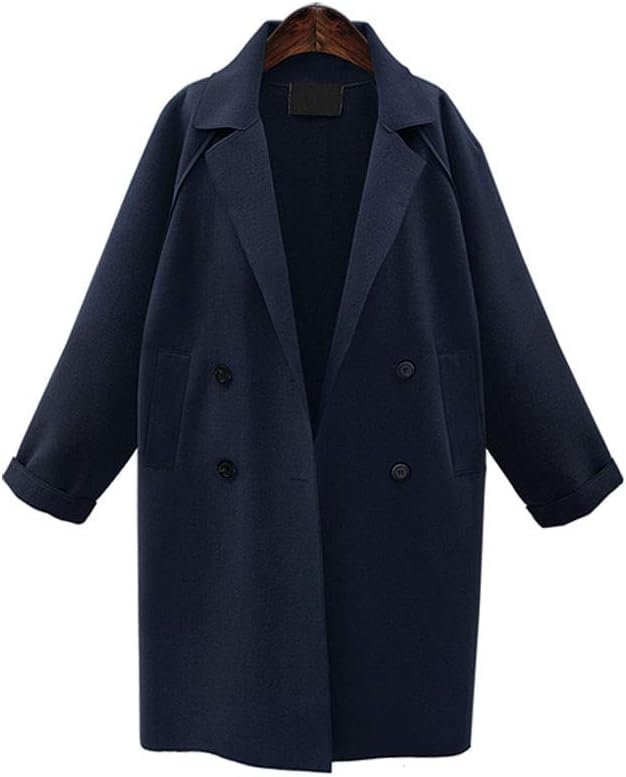SEAWEED Women's Classic Lapel Wool Double Breasted Open Front Long Sleeve Coat Warm Jackets Casual Outwear Winter Overcoat with Pockets,DarkBlue,TAG L(Fits Like UK M)