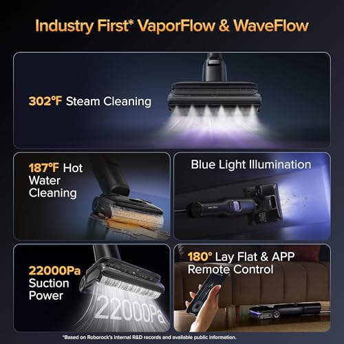 roborock F25 Ultra Wet Dry Vacuum Cleaner 22000Pa,Working 75 min,302°F Steam Mop & 187°F High Temperature Cordless Vacuum Mop with Blue Light,194°F Self-Cleaning,180° Lay-Flat,AI Assitant Wheels