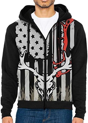Retroline Deer Gun Hunting American Flag Men's Full-Zip Hooded Sweatshirt Pullover Hooded Shirts Pocket S