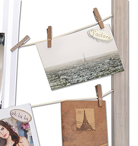 Reimagine Hanging Photo Display- Wood Wall Picture Frame Collage Board for Hanging Prints, Instax, Polaroid, Holiday Cards, Artwork- Display 2 Ways- Adjustable String, 40 Clothespin Clips- Rustic Grey