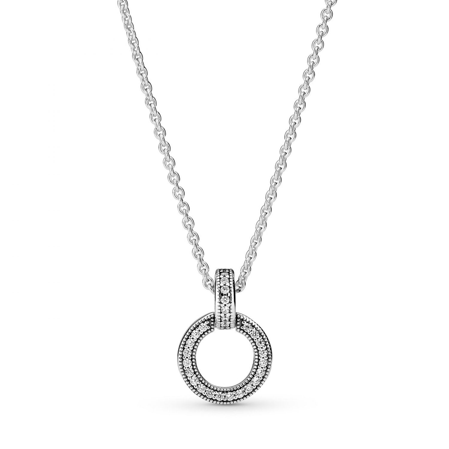 Pandora logo interlocking circles sterling silver pendant with clear cubic zirconia and necklace, 45
