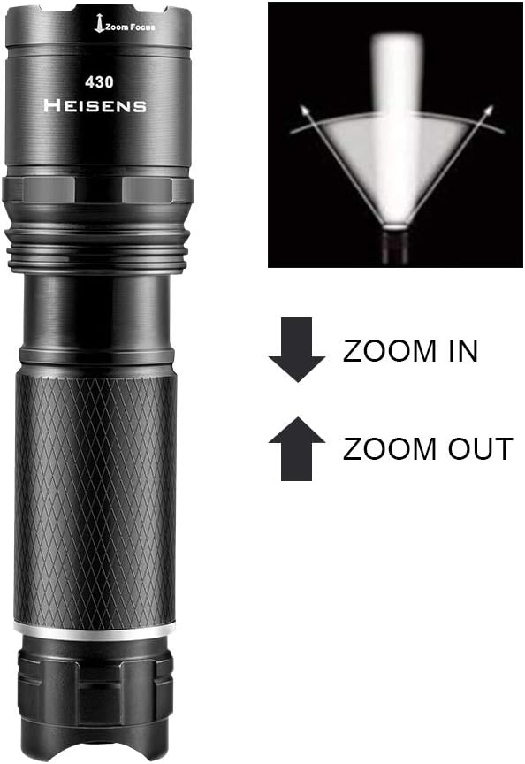 Heisens High Power Durable LED Flashlight 430 Lumens IPX4 Water Resistant 3 Modes Zoomable Best Camping Outdoor Emergency Everyday Flashlights - - 
