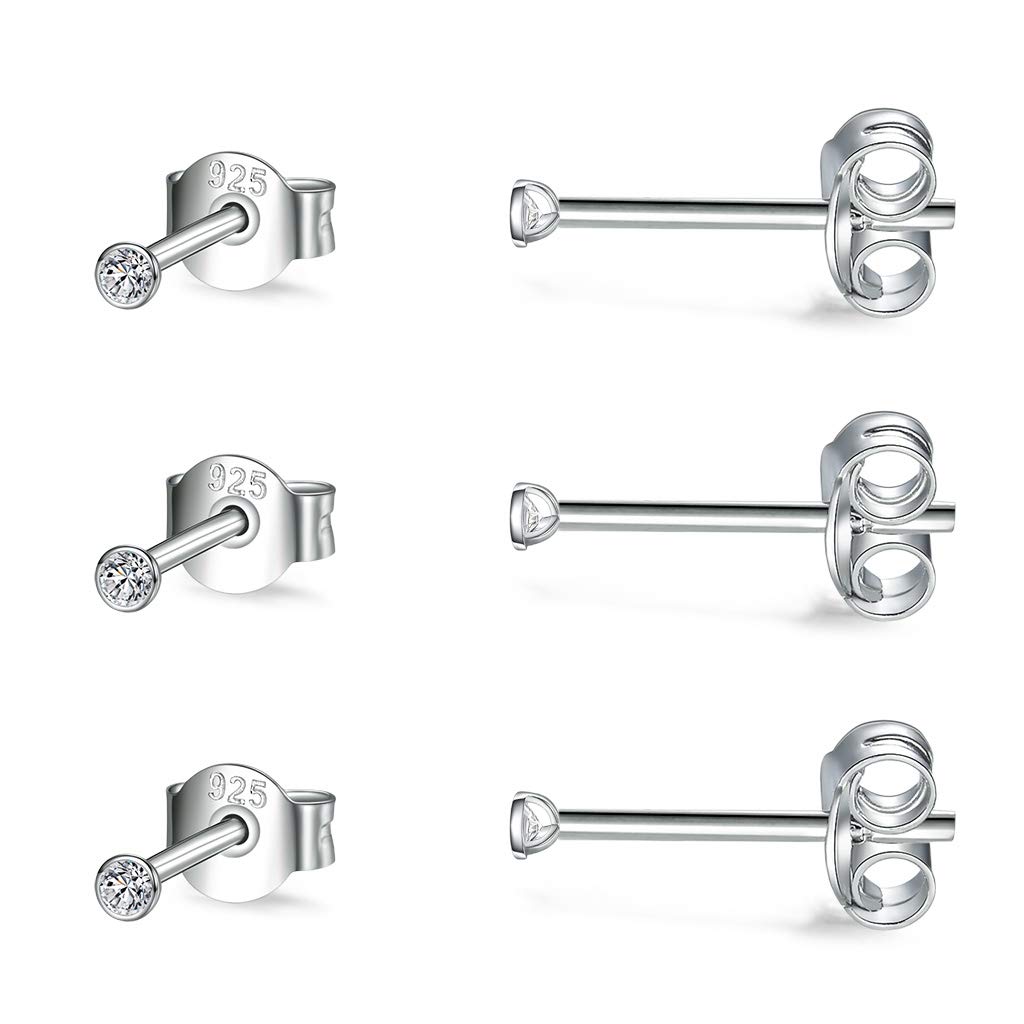 CERSLIMO Silver Stud Earrings for Women Men Girls, 3 Pairs Sterling Silver Tiny Round Stud Earrings Small Dainty Cartilage Tragus Cubic Zirconia Earrings Set (2mm, Silver)