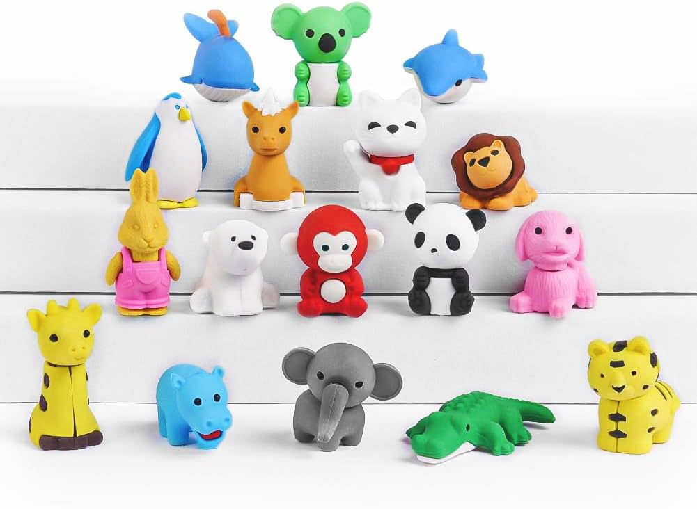OFFCUP Animal Mini Erasers, 17pcs Novelty Cute Small Pencil Erasers for Students, Homework, School, Classroom Rewards, Prizes, Party Favors