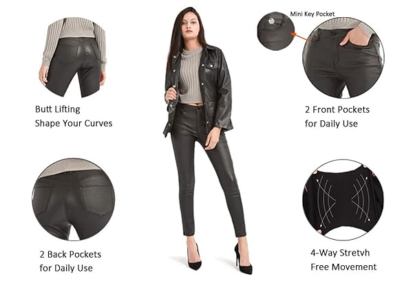 BAMANS WOMEN’S FAUX LEATHER PANTS, SKINNY STRETCH PANTS WITH POCKETS, WORK CASUAL PANTS FOR WOMEN (BLACK #2, XX-LARGE)