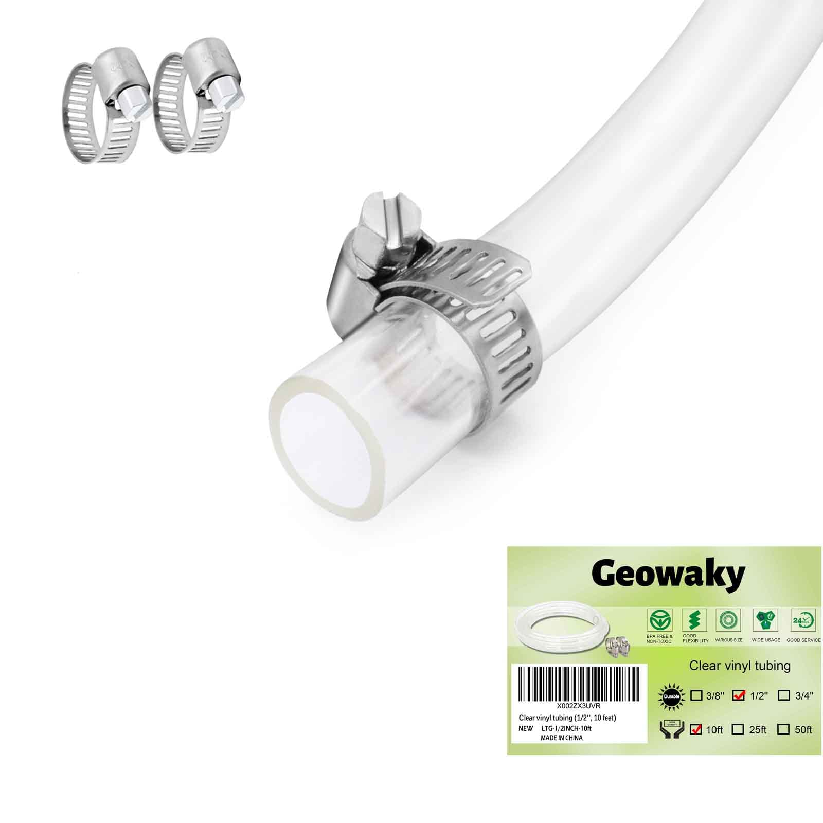 Photo 1 of Geowaky Clear Vinyl Tubing 1/2" ID × 5/8" OD -10 Ft 60PSI,Flexible Plastic Tubing,BPA Free Non-Toxic, Multipurpose Hybrid Clear Reinforced Tube with 2 Screw Clamps