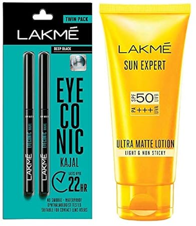Lakme Eyeconic Kajal Twin Pack, Black, 0.35g with 0.35g & Lakme Sun Expert SPF 50 PA+++ Ultra Matte Lotion, 50 ml