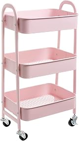 DOEWORKS 3 Tier Storage Cart Metal Trolley Light Pink 40x30x70cm