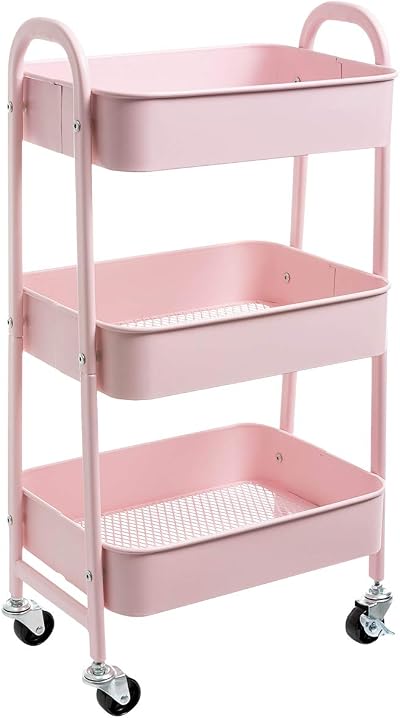 DOEWORKS 3 Tier Storage Cart Metal Trolley Light Pink 40x30x70cm