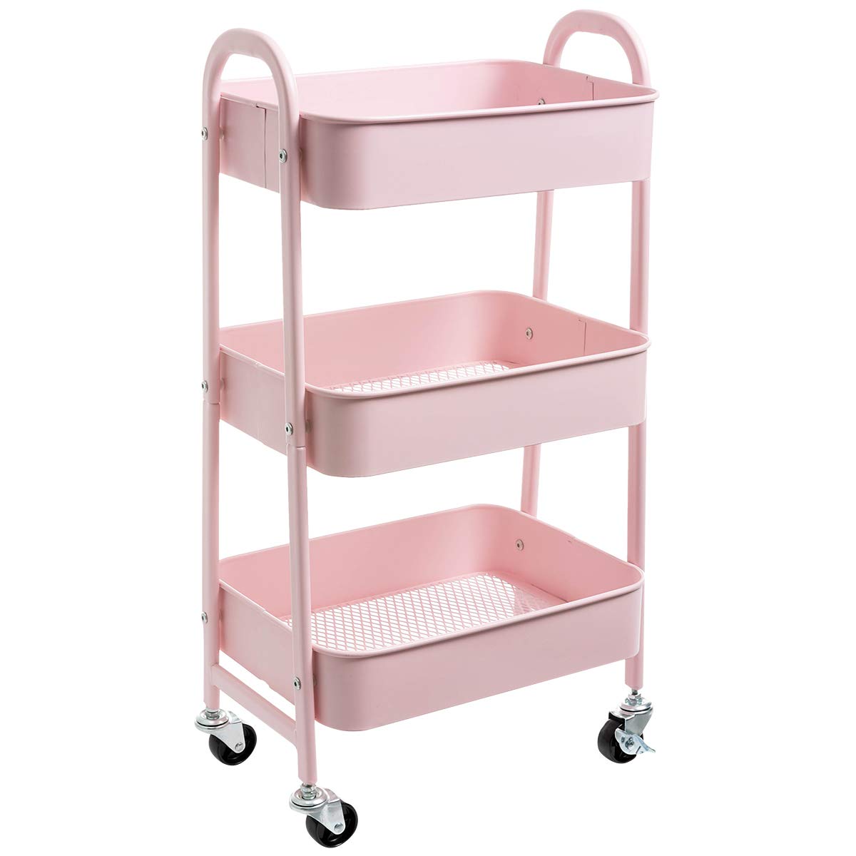 DOEWORKS Storage Cart 3 Tier Metal Trolley Cart Beauty Trolley Kitchen Trolley Trolley on Wheels Rolling Utility Cart for Bedroom Makeup Bathroom Office, Light Pink