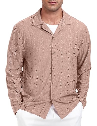ZAFUL MENS CASUAL FULL BUTTON DOWN SHIRT LONG SLEEVE STYLISH CLASSIC CUBAN COLLAR SHIRTS TOPS (PINK L)