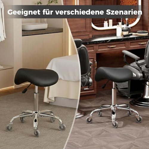 BEWISHOME Saddle Stool Height Adjustable, Saddle Stool with Wheels, 360° Swivel Stool, Roller Stool, Ergonomic Stool, Load Capacity 200 kg for Beauty Salons, Spas Salons and Clinics (Black)
