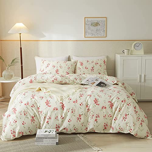 AMWAN Garden Style Pink Floral Duvet Cover Queen Chic Shabby White Pink Floral Bedding Sets 100% Cotton Botanical Comforter Cover Aesthetic Boho Bedding Collection Queen Duvet Cover Set