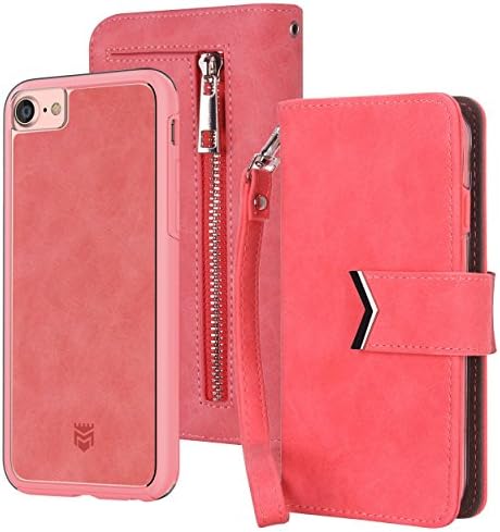 Majesticase iPhone 7 Wallet Case Premium Suede Leather Wristlet &amp; Detachable Removable Magnetic Hybrid Protective Shell Cover &amp; Back Zipper + Removable Strap - Coral Pink