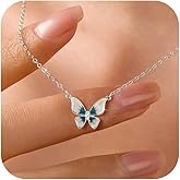LOVECOM Cute Butterfly Necklaces for Women 14K Gold Plated Blue Enamel Butterfly Insect Choker Pendant Necklace 925 Sterling Silver CZ Charm Chain Necklace Jewelry Birthday Gifts to Daughter