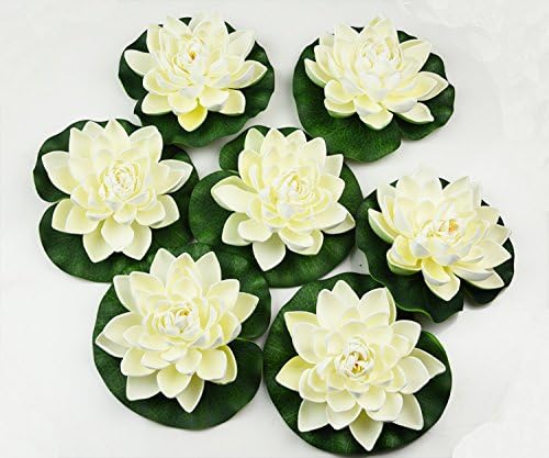 hilingo 7Pcs Artificial Floating Foam Lotus Flower Pond Decor Water Lily (Cream)