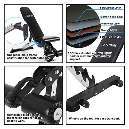 Vanswe Adjustable Weight Bench 1000lbs Flat/Incline/Decline Utility Exercise Workout Bench Sit Up Home Gym Equipment for Full Body Workout (Black) - Thumbnail 5