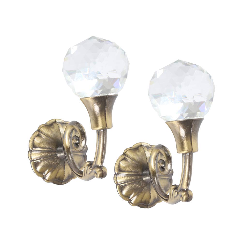 2PCS Crystal Curtain Backs Hooks Clear Glass Wall Mounted Curtain Tie Hookback For Hotel Household Hanging Curtain Hat Clothes (Bronze, 2pcs)