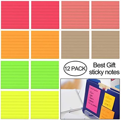 Sticky Notes with Line,Colorful Self-Stick Pads 3X3 Inches,80 Sheets/Pad,12 Pads/Pack,Easy Post for Office and Daily Use (Stripe)
