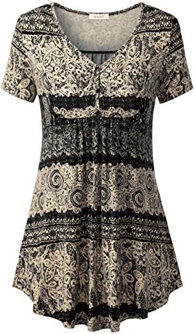 WAJAT Women's Short Sleeve V Neck Front Pleated Flared Comfy Loose Tunic Top 2#Black Floral 2XL