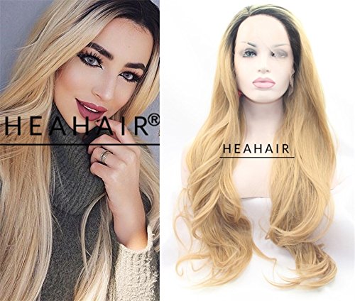Heahair® Natural Looking Long Wavy Handtied Ombre Blonde Color Heat Resistant Synthetic Lace Front Wigs For Women (Black to Blonde)