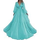 Long Sleeve Tulle Prom Dresses V Neck Puffy Formal Evening Party Gown for Women Princess Wedding Dress