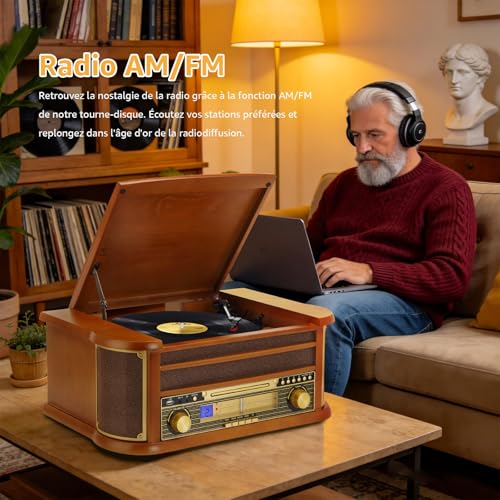 9 in 1 Turntable with Bluetooth, AM/FM Radio, CD and Cassette Player, USB Playback, Remote Control, Built-in Speakers, Vintage Turntable