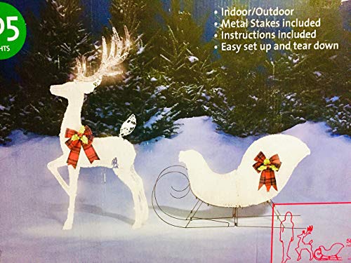 60" Cool White Splendor Lighted Reindeer Sleigh Display Outdoor Christmas Decoration Seasonal Winter Holiday Yard Art Sculptures (Renewed)