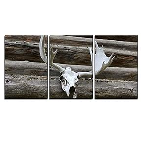 3 Piece Canvas Wall Art - Elk Antlers Mounted Against a Log Cabin Outside Wall - Modern Home Art Stretched and Framed Ready to Hang - 16"x24"x3 Panels