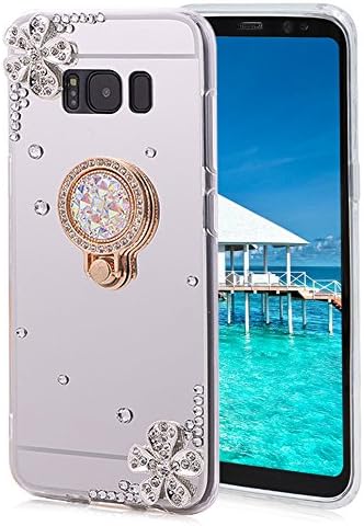 for Samsung Galaxy S8 Plus Case Silicone Mirror,Areall [with Ring Stand Holder] Glitter Luxury Crystal Rhinestone Flower Floral Soft Slim Flexible Rubber Shockproof Makeup Back Cover Bumper - Silver