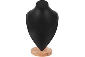 SEWACC Wooden Base Jewelry Display Bust Stand, Large Black Necklace Holder with Neck and Shoulder Model