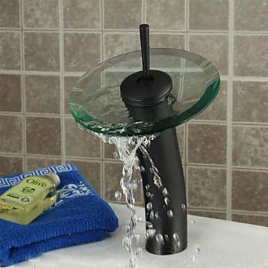 Furesnts Modern home kitchen and bathroom faucet ORB Round Solid Brass Waterfall Sink Basin Faucet / Glass Spout-Black + Transparent Green ,(Standard G 1/2 universal hose ports)