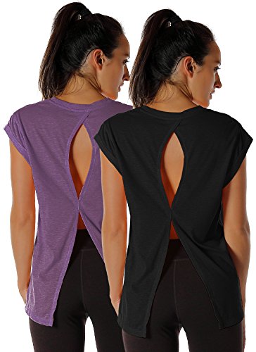 icyzoneOpen Back Workout Top Shirts - Yoga t-Shirts Activewear Exercise Tops for Women(Pack of 2)