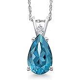 Gem Stone King 14K White Gold London Blue Topaz and White Moissanite Pendant Necklace for Women | 3.39 Cttw | Gemstone November Birthstone | Pear Shape 12X8MM | With 18 Inch Chain