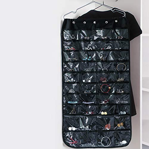 Beaverve Hanging Jewelry Organizer, Double Sided 40 Pockets and 20 Magic Tape Hook Jewelry Organizer, Necklace Holder Jewelry Chain Organizer for Earrings Necklace Bracelet Ring with Hanger, Black