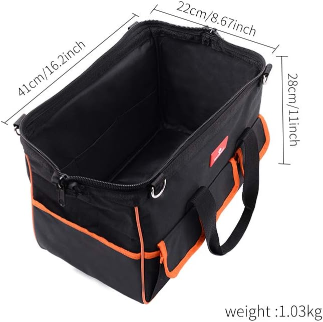 17-Inch Water Proof Multi-Compartment Pocket Tradesman's Wide Mouth Storage Tool Bag with Adjustable Shoulder Strap Bag - - 