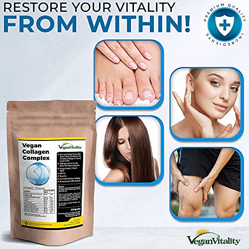 Vegan Collagen Capsules for Skin, Hair, Nails, Joints & Bones with Biotin, Lysine, Bamboo Silica, Zinc, Vitamin C, E & A. 2 Months Supply. Plant Based Collagen Booster for Vegans and Vegetarians