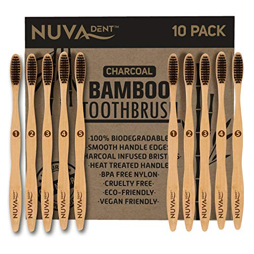 Bamboo Toothbrushes Charcoal Bristles- Biodegradable, Natural, Eco-Friendly, Compostable, Vegan Reusable Bamboo Toothbrush (10 Pack)