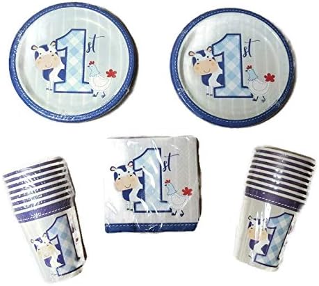 Farmhouse Boy 1st Birthday Party Bundle 7" Plates (16) Cups (16) Napkins (16)